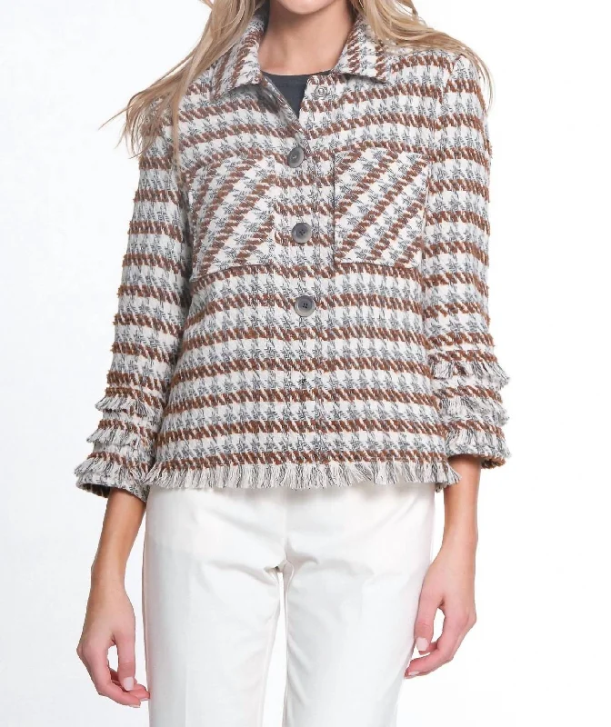 Fashionable women’s clothing that makes you shine   Triple Fringe 3/4 Sleeve 2-Pocket Button & Snap Front Jacket In Multi