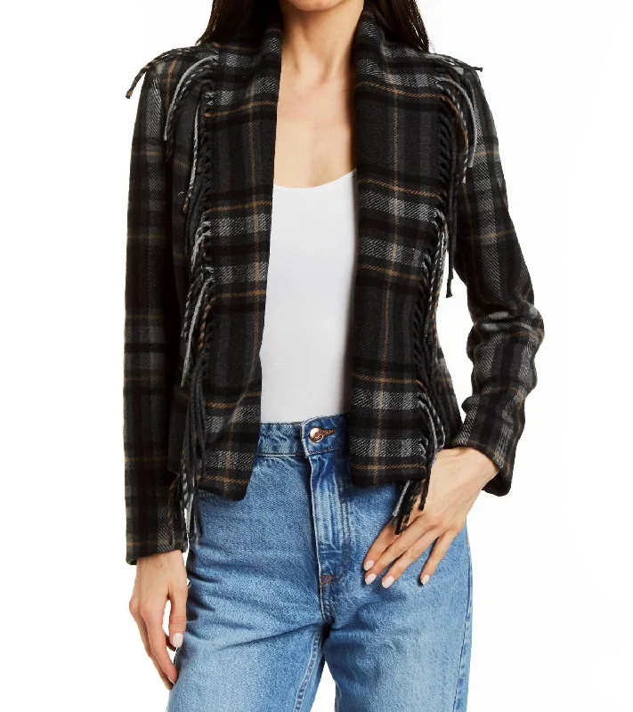 Feminine fashion to express your unique style   Warren Plaid Fringe Jacket In Charcoal