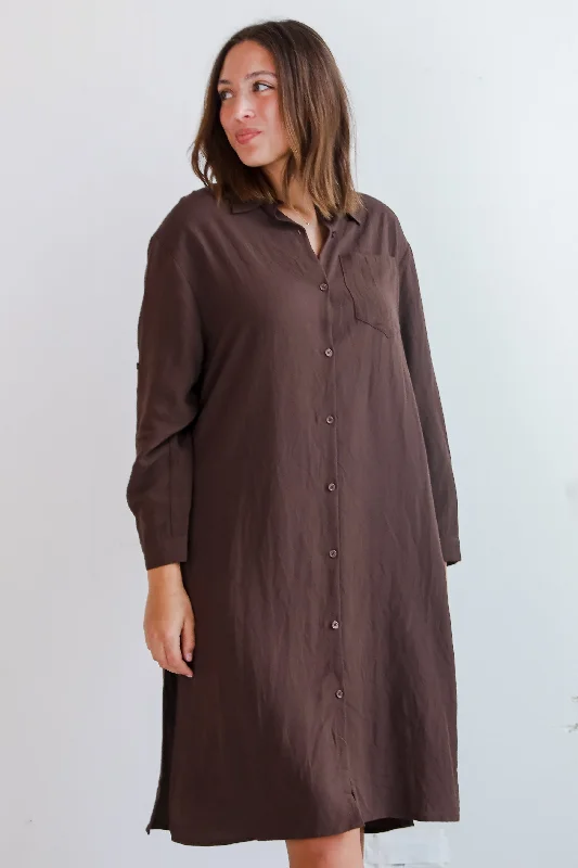 Cherished Chicness Brown Button Front Midi Dress