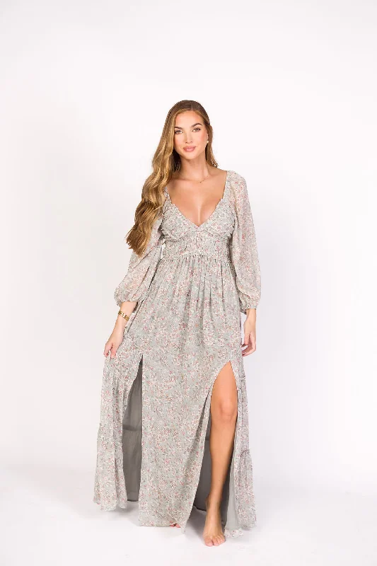 Daphne Long Sleeve Maxi Dress in Sage/Pink/Ivory Floral - Bump Friendly & Inclusive Sizing (XS-3XL)