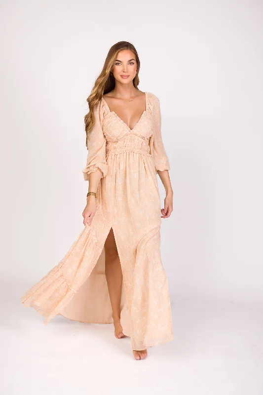 Daphne Long Sleeve Maxi Dress in Light Beige/White Floral - Bump Friendly & Inclusive Sizing (XS-3XL)