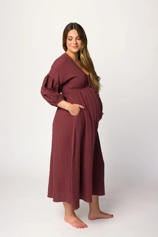 Hunter 100% Cotton Gauze Midi Dress in Redwood (Plum)