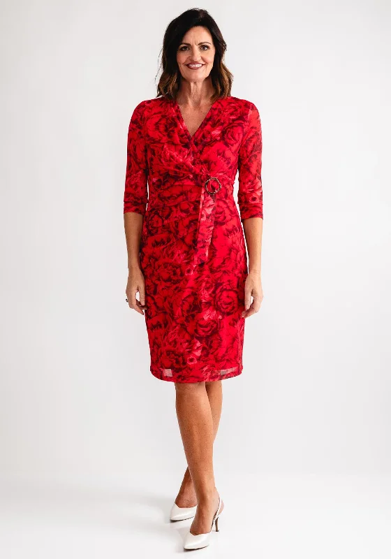 Avalon Rose Print Wrap Buckle Dress, Red