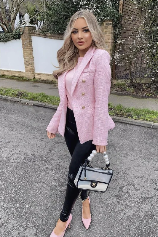 Feminine silhouettes for the modern woman   Clancy - Premium Pink Contrast Knit Thread Gold Button Blazer