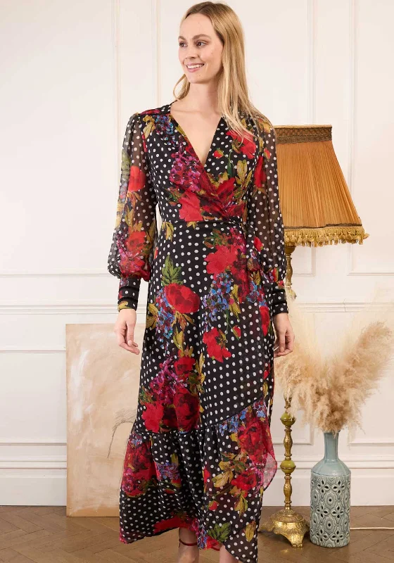 Hope & Ivy Moni Floral Dot Long Wrap Dress, Black