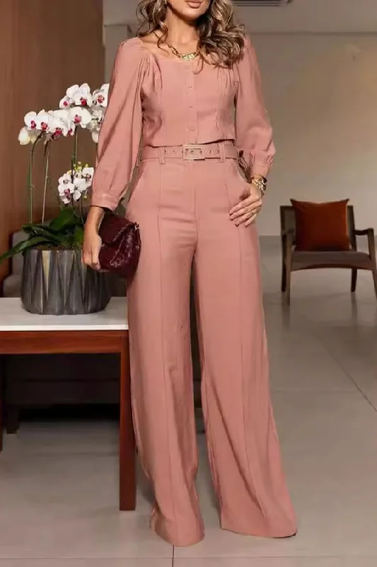 Solid Color Square Collar Commuting Pant Suit