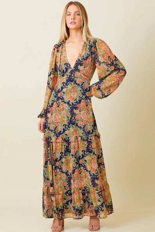 Tasha Long Sleeve Floral Print Maxi Dress Navy