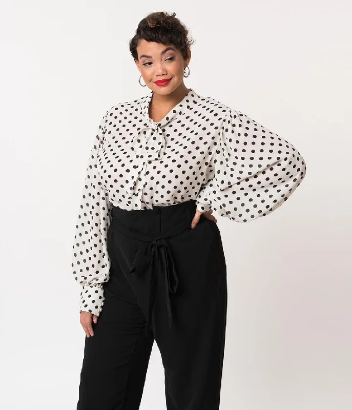 Unique Vintage Plus Size White & Black Polka Dot Neck Tie Gwen Blouse