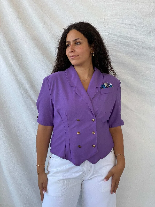 Vintage 90s Pleat Half-Sleeve Purple Buttoned Women’s Blazer - L