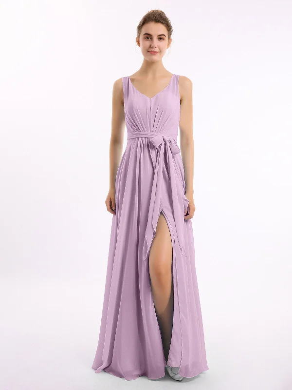 Affordable stylish women’s fashion collection   V neck Chiffon Bow Sash Gowns with Split Wisteria