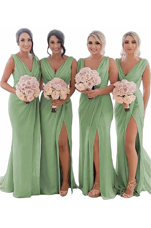 Fashion-forward women’s clothing on a budget   Dusty Sage Sheath Chiffon Ruched Long Bridesmaid Dress with Slit