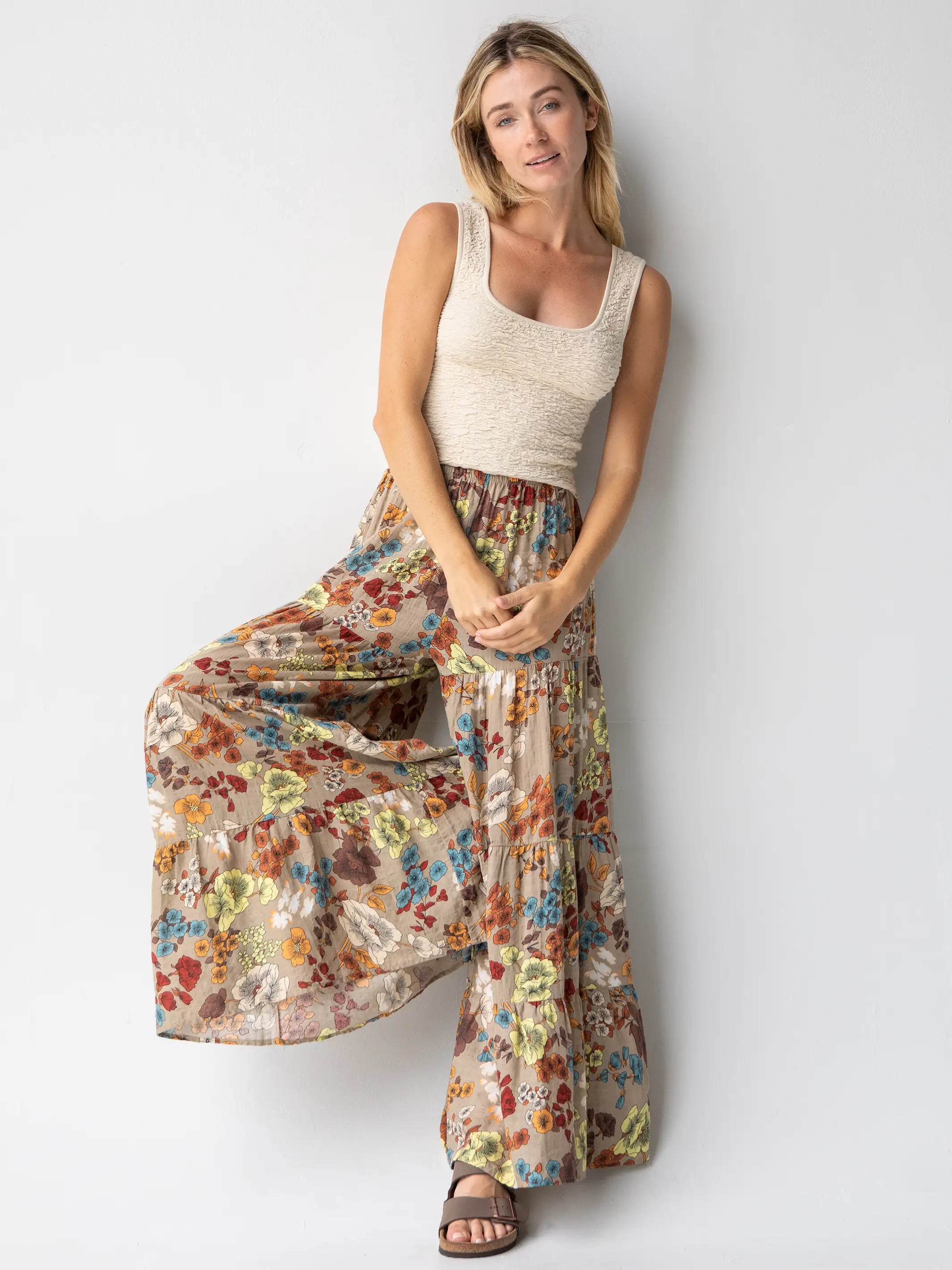 Patti Palazzo Pant - Tan Cream Floral