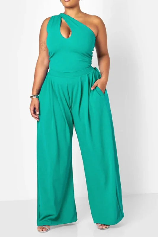 Solid Color One Shoulder Simple Wide Leg Pant Suit