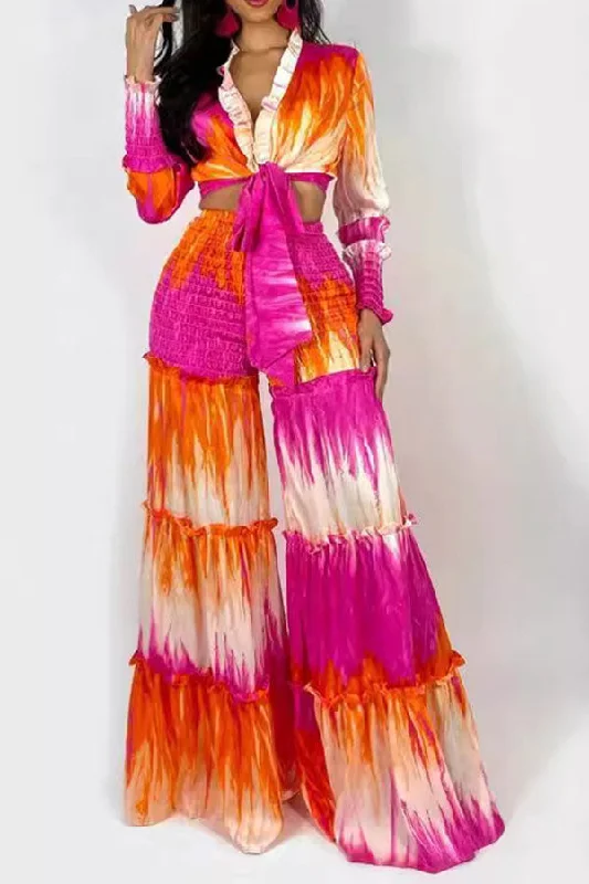 Tie Dye Strap Shirred Pretty Lace-Up Wide Leg Pant Suit