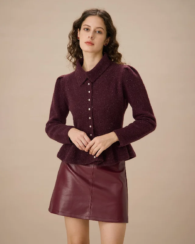 Elegant evening wear for special events   Purple Lapel Single-breasted Ruffle Cardigan