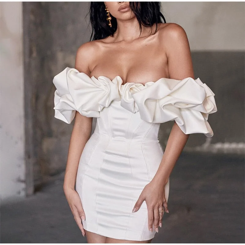 FashionSierra - Solid Fishbone Off Shoulder Ruffled One-shoulder Mini Dress