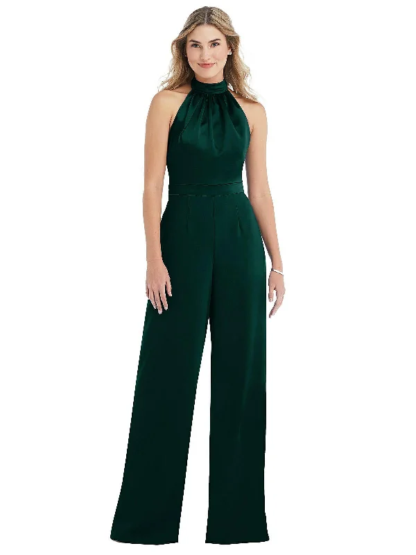 High-Neck Open-Back Jumpsuit with Scarf Tie