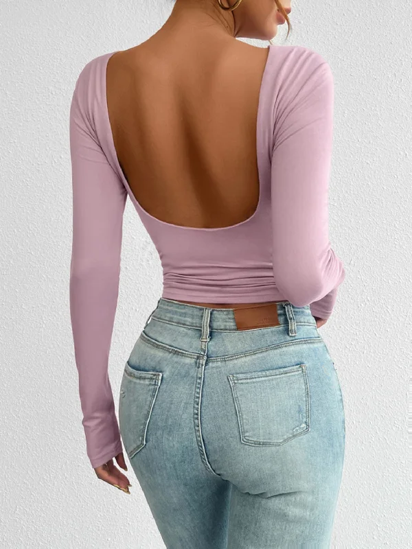 Hot Girl Backless Crewneck Long Sleeve Top