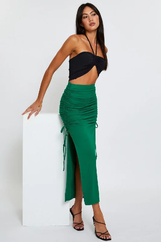 Green Maxi Skirt High Rise Side Ruched