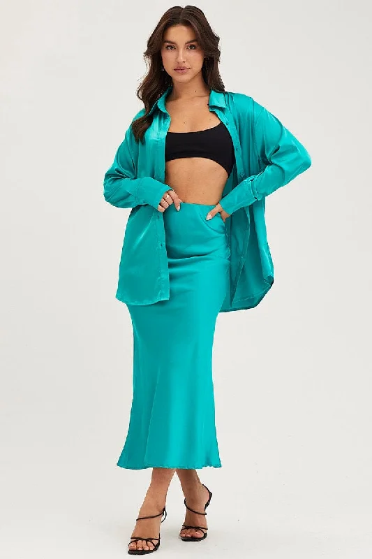 Green Slip Skirt Midi Satin