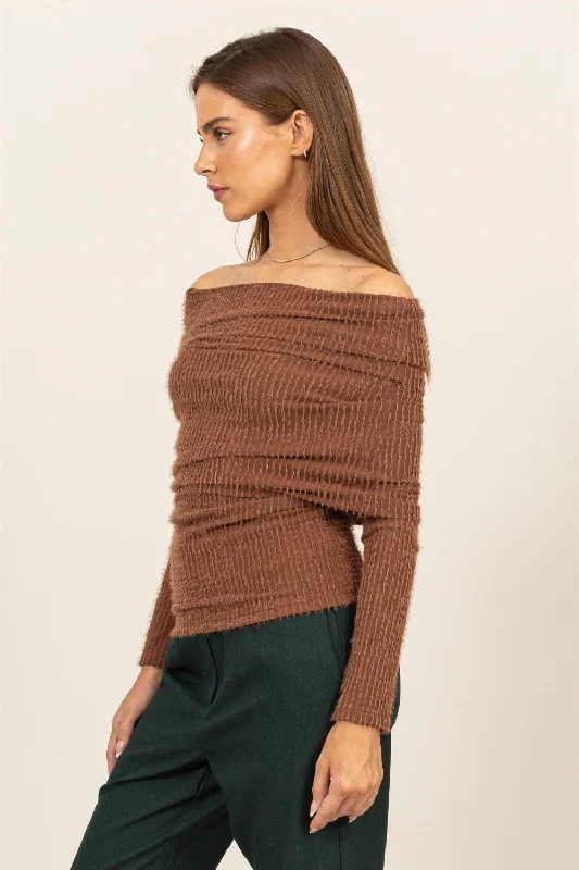 Hot Girl HYFVE Fuzzy Off Shoulder Textured Knit Long Sleeve Top In Mocha