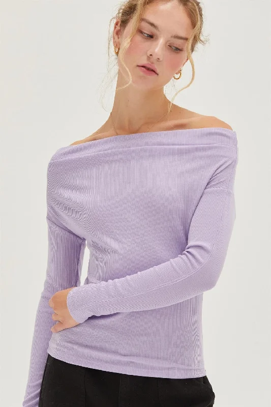 Hit Girl HYFVE Off Shoulder Ribbed Knit Long Sleeve Top In Lilac