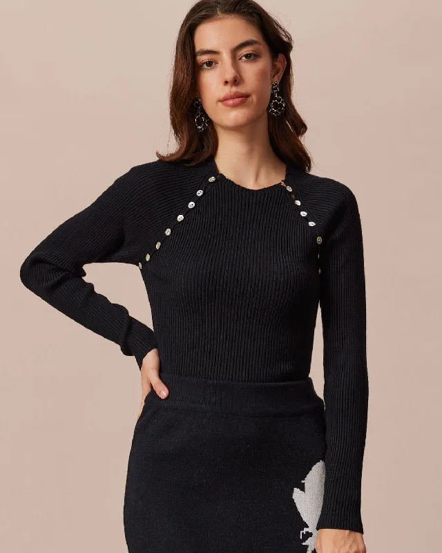 The Black Round Neck Button Ribbed Knit Top