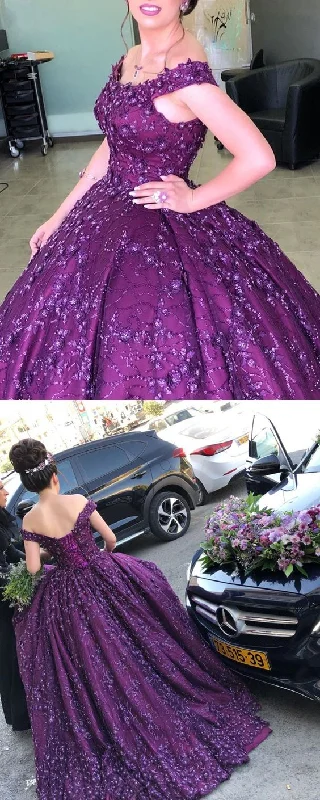 Feminine fashion to express your unique style   Elegant Purple Lace Ball Gown Off The Shoulder Quinceanera prom Dress For Sweet 16    cg19726