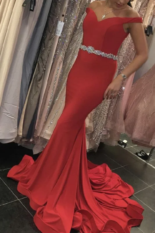 A perfect wardrobe for fashionable women   Red Mermaid Satin Ruffles Evening Dresses Off The Shoulder Crystal Beaded Sashes prom Dress   cg19731
