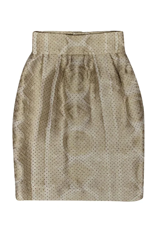 Stylish clothing designed to flatter every woman Yves Saint Laurent - Cream Skirt w/ Black Polka Dots & Gold Metallic Print Overlay Sz Stylish clothing designed to flatter every woman Yves Saint Laurent - Cream Skirt w/ Black Polka Dots & Gold Metallic Print Overlay Sz