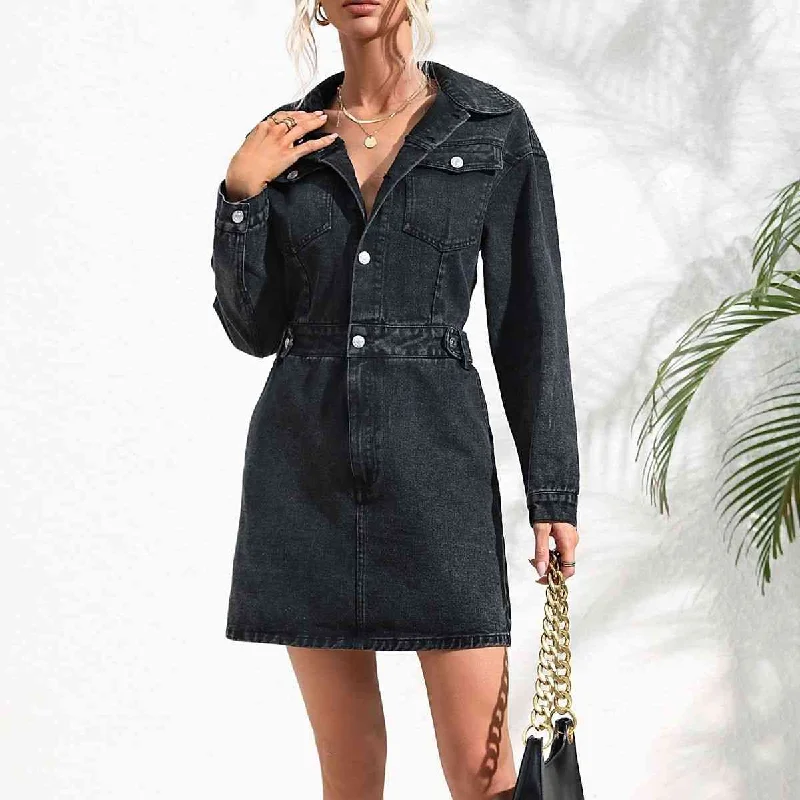 Fashionable clothing that fits every occasion   Buttoned Collared Neck Denim Mini Dress