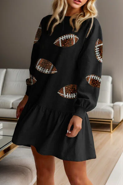 Elegant and comfortable women’s fashion wear   Football Sequin Round Neck Dropped Shoulder Mini Dress