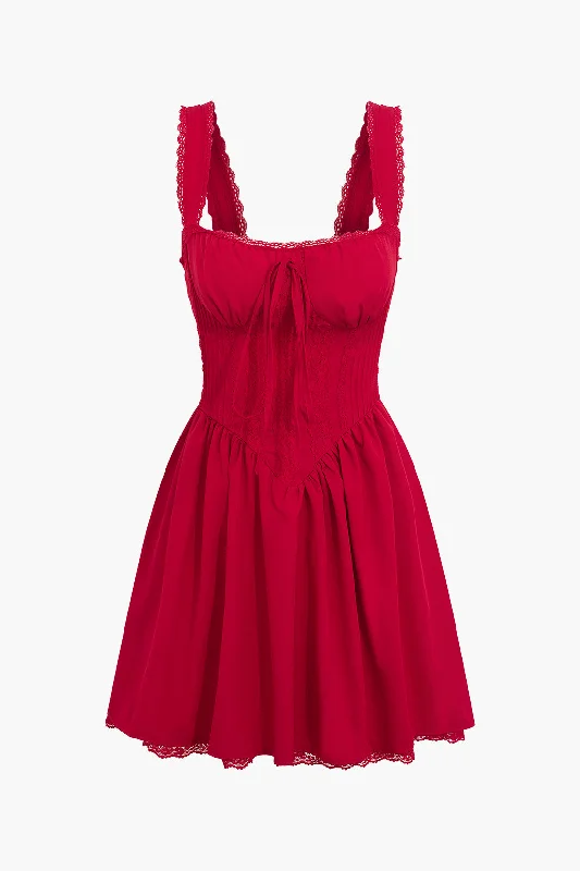 Refresh your closet with chic and comfy styles   Lace Trim Square Neck Sleeveless Pleated Mini Dress
