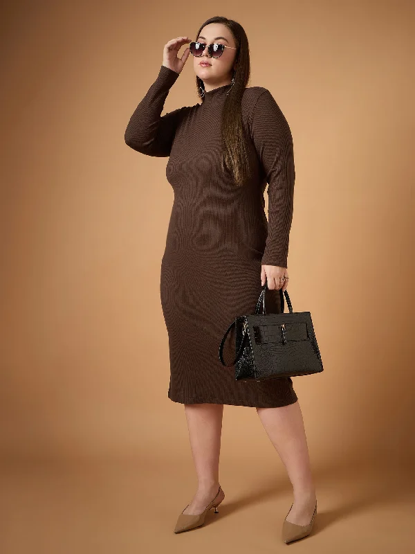 Elegant and comfortable women’s fashion wear   Women Brown Rib High Neck Midi Dress